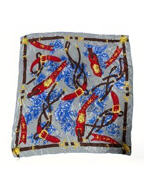 Large Vintage Blue Red Square Silk Scarf Equestrian Chain Fashion 32.5”